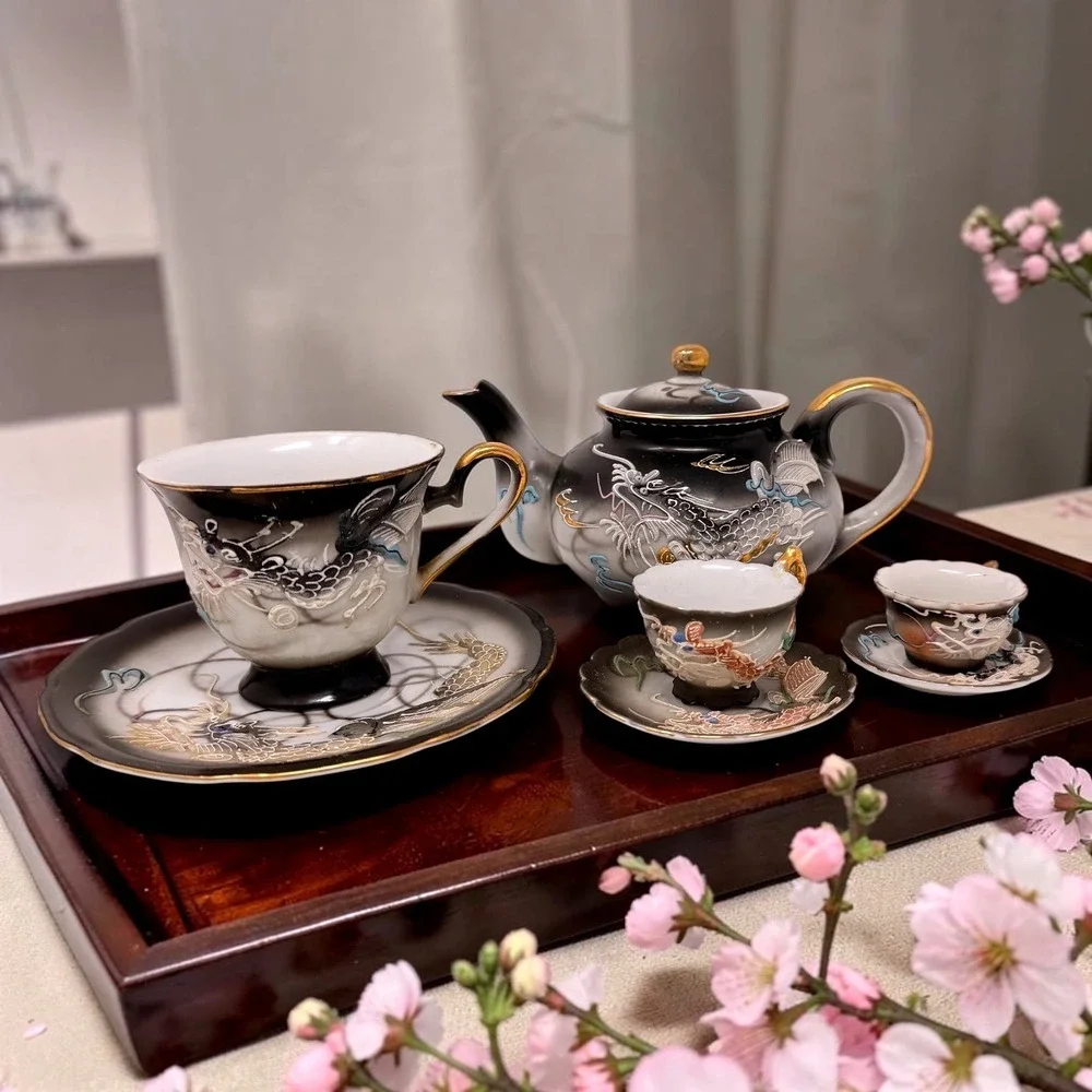 Vtg Acra China Japan‎ Dragonware Mommy and Me Tea Set Black Moriage 7pc